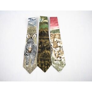 3 Endangered Species Silk Tie Lot Men Multicolor Excellent Zebra Elephant Cougar